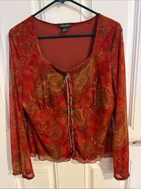 Kate Landry Rust Paisley Lace-Up Long Sleeve Blouse